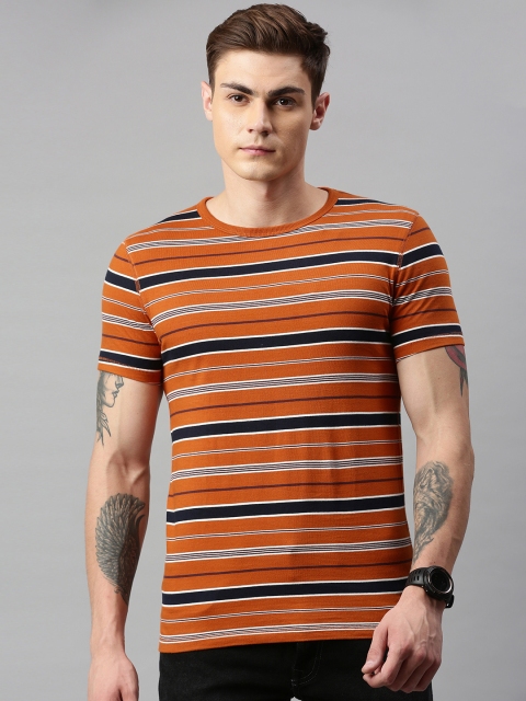 

Jack Jones Men Orange Striped Round Neck Pure Cotton T-shirt