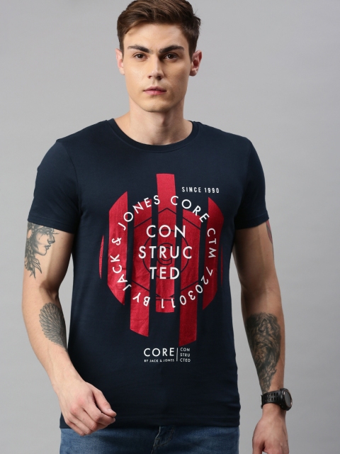 

Jack Jones Men Navy Blue Printed Round Neck Pure Cotton T-shirt