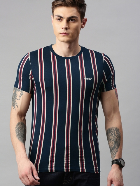 

Jack Jones Men Navy Blue Striped Round Neck Pure Cotton T-shirt