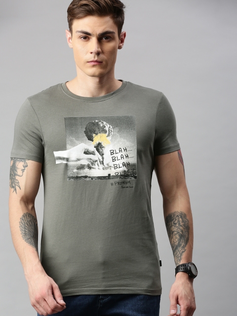 

Jack Jones Men Grey Printed Slim Fit Round Neck Pure Cotton T-shirt