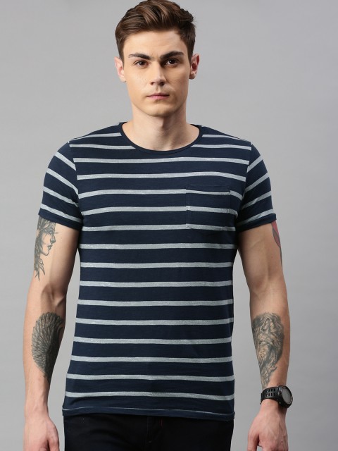 

Jack Jones Men Navy Blue Grey Striped Round Neck Pure Cotton T-shirt