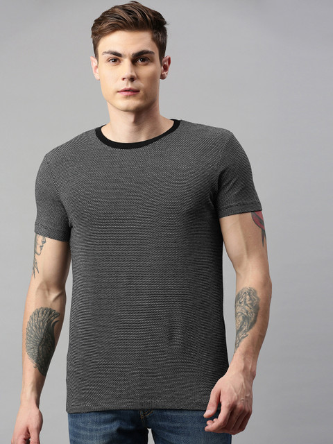 

Jack Jones Men Black Self Design JJPR JACK Round Neck Pure Cotton T-shirt
