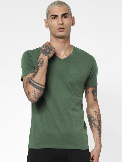 

Jack Jones Men Green Solid V-Neck Pure Cotton T-shirt