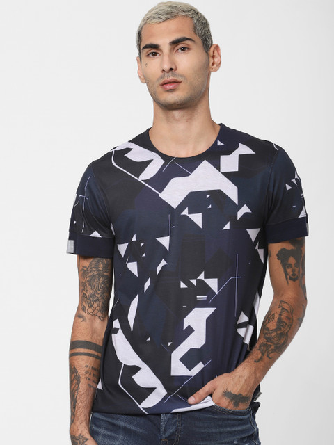 

Jack Jones Men Navy Blue White Printed Round Neck Sustainable Pure Cotton T-shirt