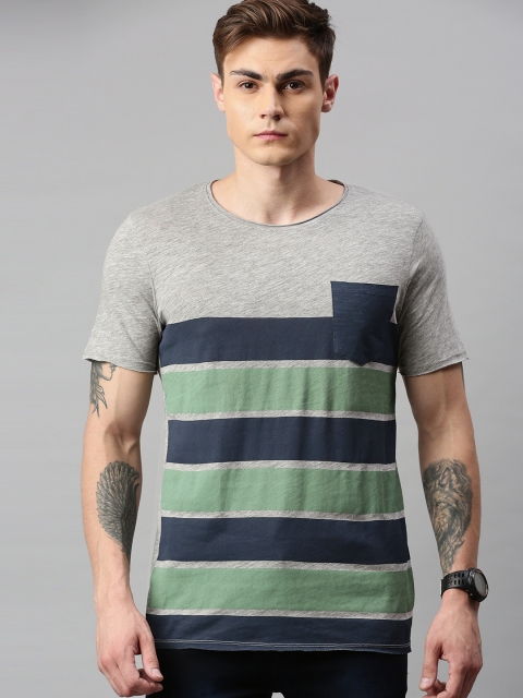 

Jack & Jones Men Grey Melange Striped Round Neck T-shirt