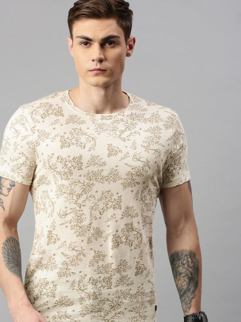 

Jack & Jones Men Cream-Coloured & Gold-Toned Printed JPR MONOCROME Round Neck T-shirt