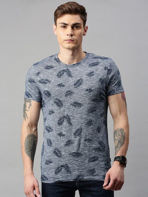 

Jack & Jones Men Grey & Navy Blue JPR LEAF Printed Round Neck T-shirt