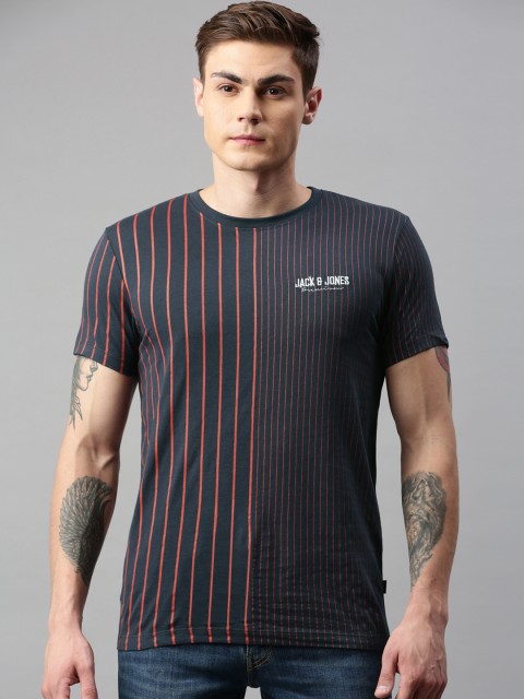 

Jack Jones Men Navy Blue Striped Round Neck Pure Cotton T-shirt