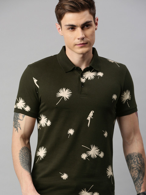 

Jack & Jones Men Olive Green & Cream-Coloured Printed JPR EADRIC Polo Collar T-shirt