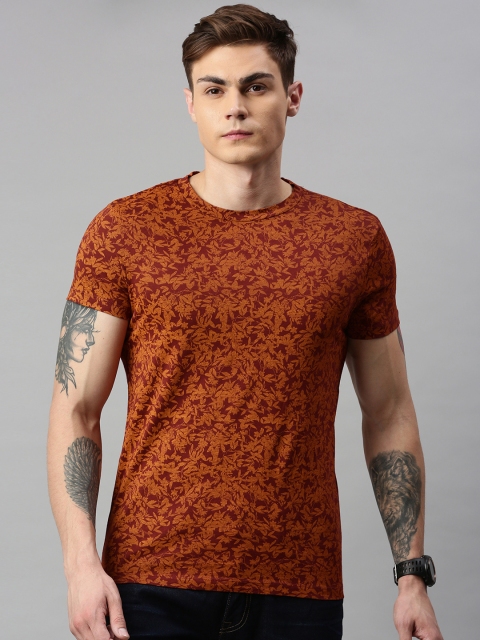 

Jack & Jones Men Maroon & Mustard Yellow Printed Round Neck T-shirt