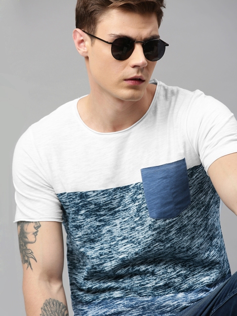 

Jack & Jones Men White & Blue Colourblocked Round Neck T-shirt
