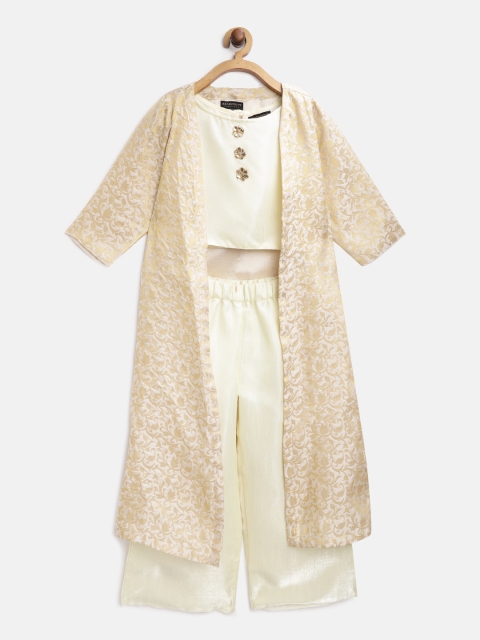 

Readiprint Fashions Girls Cream-Coloured & Golden Solid Top with Palazzos & Ethnic Jacket