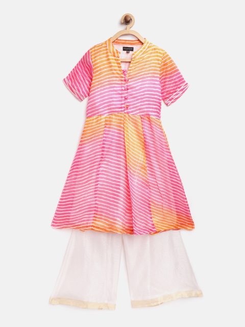 

Readiprint Fashions Girls Pink & White Leheriya Print A-Line Panelled Kurta with Palazzos