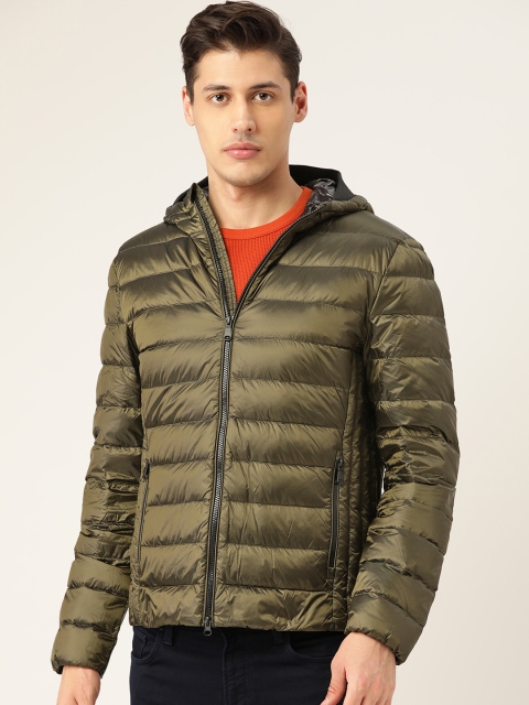 

Geox Men Olive Green Solid Windcheater Hooded Puffer Jacket with Pouch