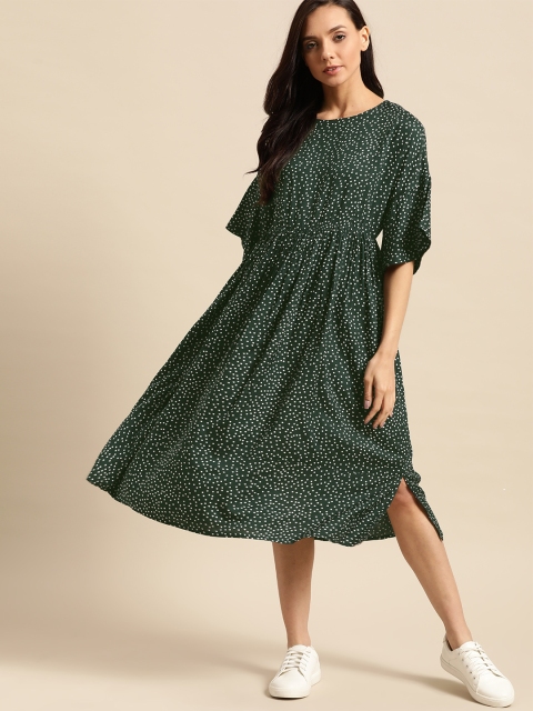 

ether Women Green & White Polka Dots Printed A-Line Dress