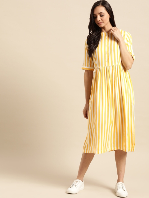 

ether Women Yellow & White Striped A-Line Dress