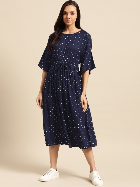 

ether Women Navy Blue & White Polka Dots Printed A-Line Dress