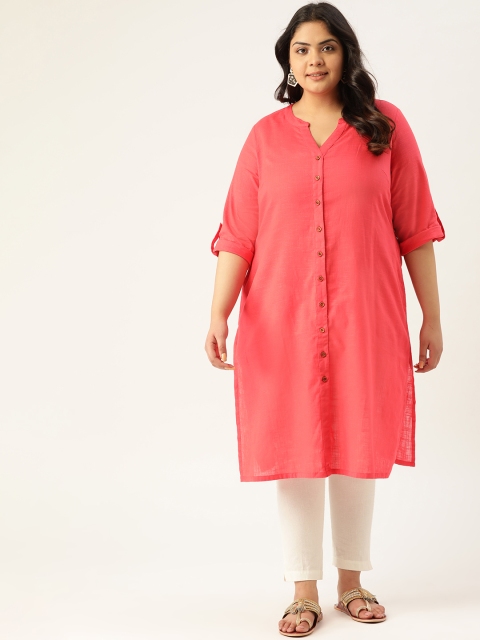 

Sztori Women Plus Size Coral Pink Pure Cotton Solid Straight Kurta
