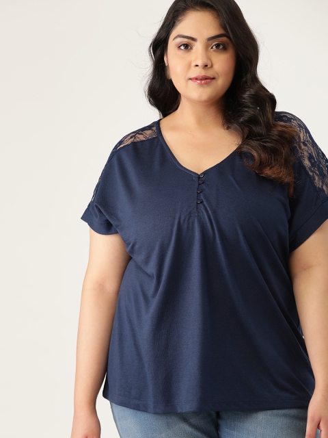 

Sztori Women Plus Size Navy Blue Lace Inserts Regular Top