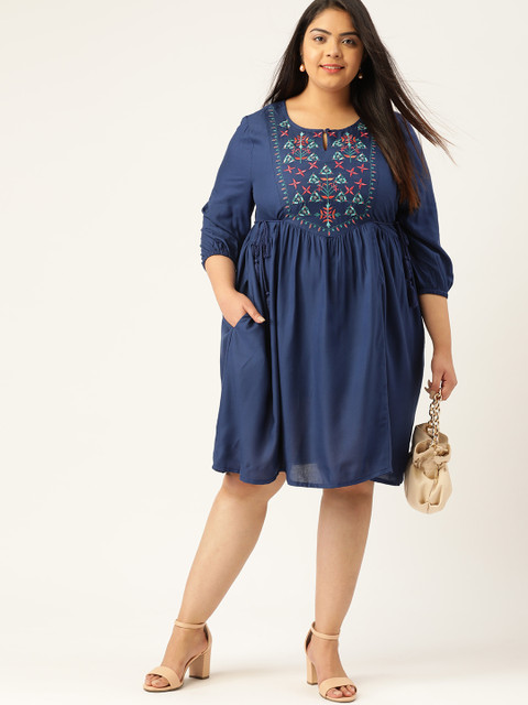 

Sztori Women Plus Size Navy Blue Yoke Embroidered Ecovero A-Line Midi Dress
