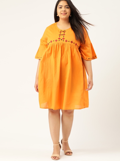 

Sztori Women Plus Size Mustard Yellow Embroidered Detail Pure Cotton Empire Dress
