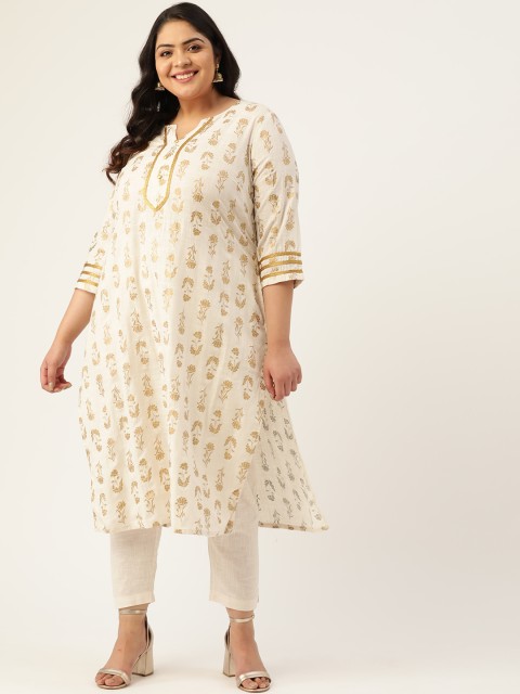

Sztori Women Plus Size Off-White & Golden Pure Cotton Printed Straight Kurta
