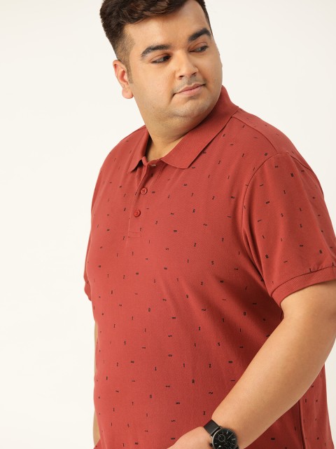 

Sztori Men Plus Size Rust Red & Black Pure Cotton Printed Polo Collar T-shirt