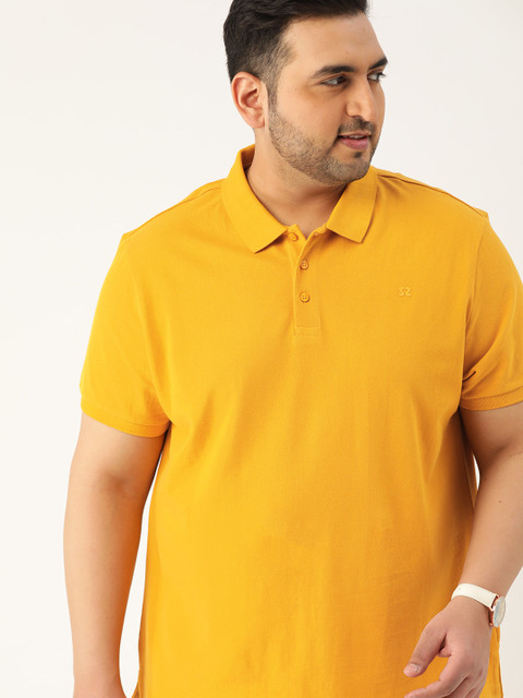 

Sztori Plus Size Men Mustard Yellow Solid Pure Cotton Antiviral HEIQ Polo Collar T-shirt