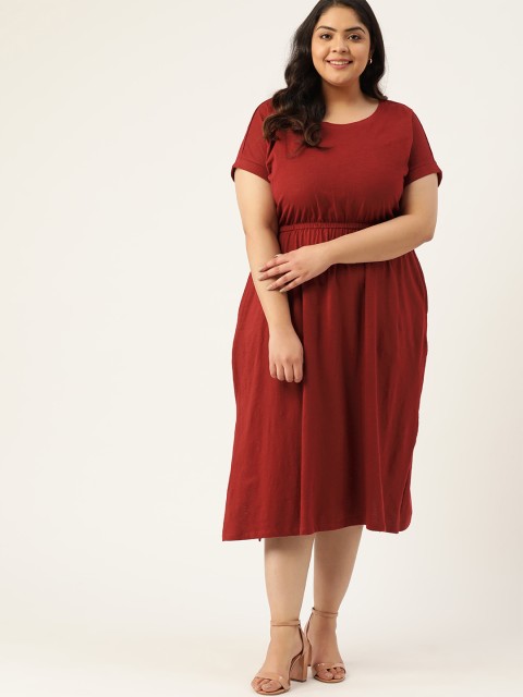 

Sztori Women Plus Size Rust Red Knitted Side Slit Solid A-Line Dress
