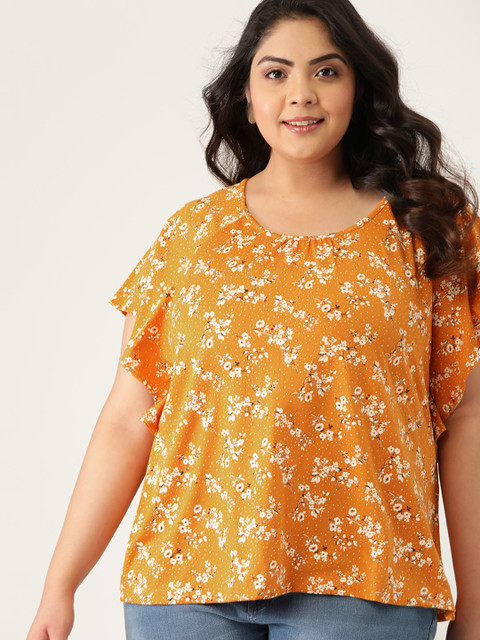 

Sztori Women Plus Size Mustard Yellow Floral Print Flared Sleeves Regular Top