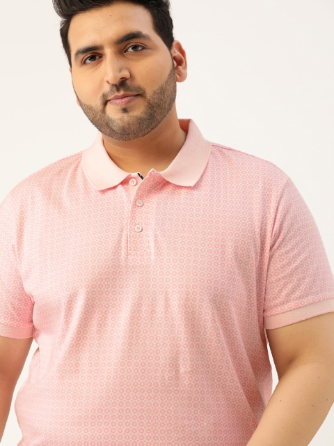 

Sztori Men Plus Size Pink & White Printed Pure Cotton Polo Collar T-shirt