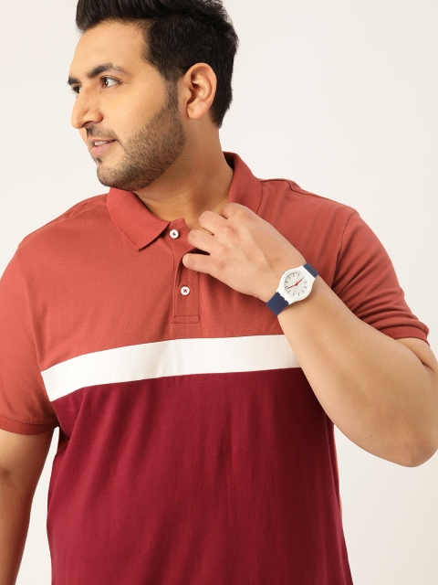

Sztori Men Plus Size Maroon & Rust Red Colourblocked Cotton Polo Collar T-shirt