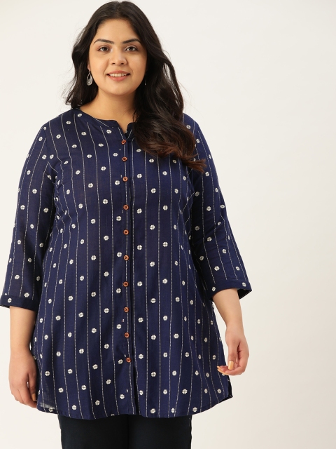 

Sztori Women Plus Size Navy Blue & White Striped & Geometric Print Pure Cotton Kurta