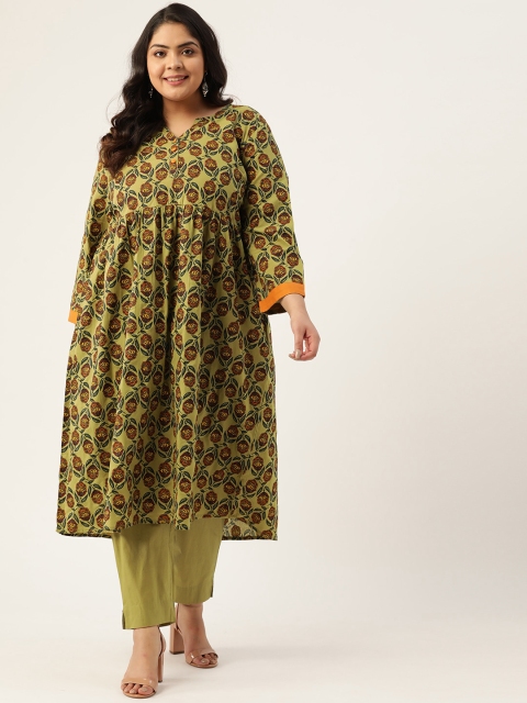 

Sztori Women Plus Size Green & Brown Pure Cotton Printed Kurta with Trousers