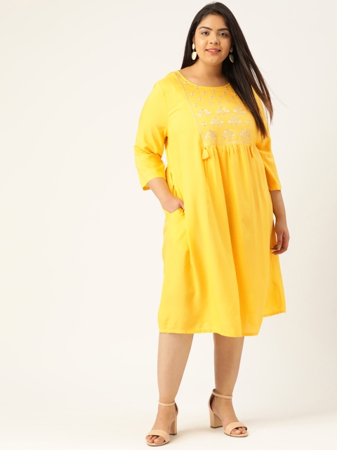 

Sztori Women Plus Size Yellow Yoke Embroidered Ecovero A-Line Midi Dress