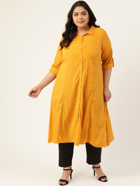 

Sztori Women Plus Size Yellow Solid Shirt Collar Straight Kurta