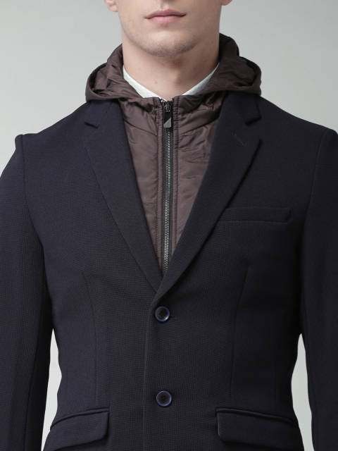

INVICTUS Navy Slim Fit Single-Breasted Blazer with Detachable Hood, Navy blue