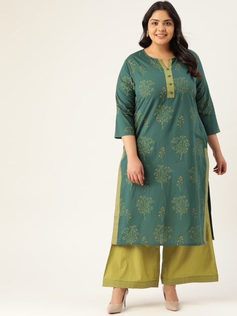 

Sztori Women Plus Size Green Pure Cotton Printed Kurta with Palazzos