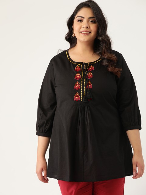 

Sztori Women Plus Size Black Pure Cotton Yoke Design Embroidered Kurti