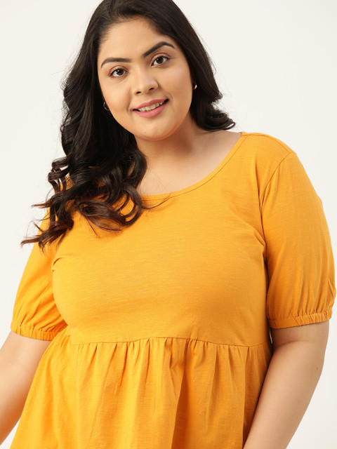 

Sztori Women Plus Size Mustard Yellow Pure Cotton Cuffed Sleeves A-line Top