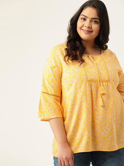 

Sztori Women Plus Size Yellow Printed Tie-Up Neck Bell Sleeves Top