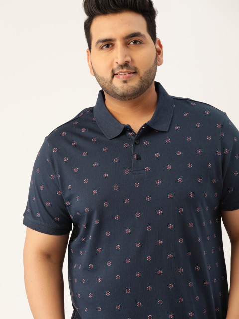 

Sztori Men Plus Size Navy Pure Cotton Printed Polo Collar T-shirt, Navy blue