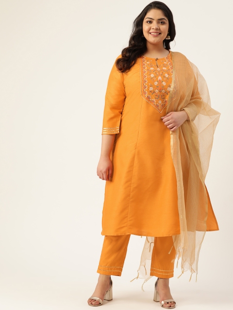 

Sztori Women Plus Size Mustard Yellow Yoke Design Kurta with Trousers & Dupatta