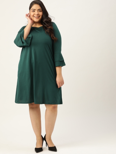 

Sztori Women Plus Size Green Solid Bell Sleeves Stretchable A-Line Dress