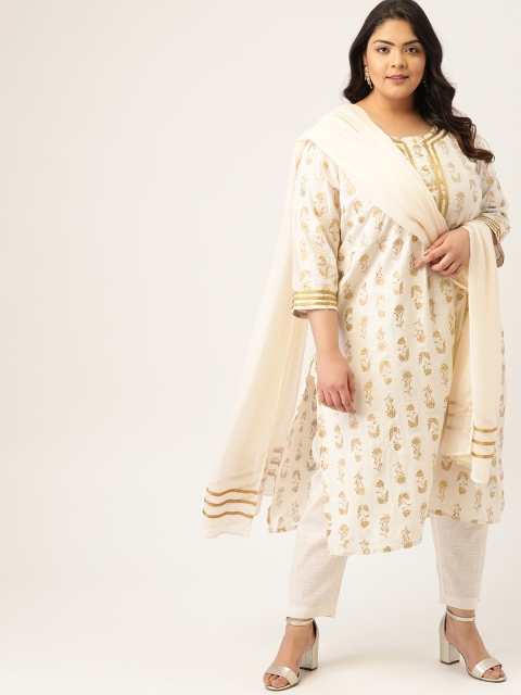 

Sztori Women Plus Size Off-White & Golden Printed Kurta with Trousers & Dupatta