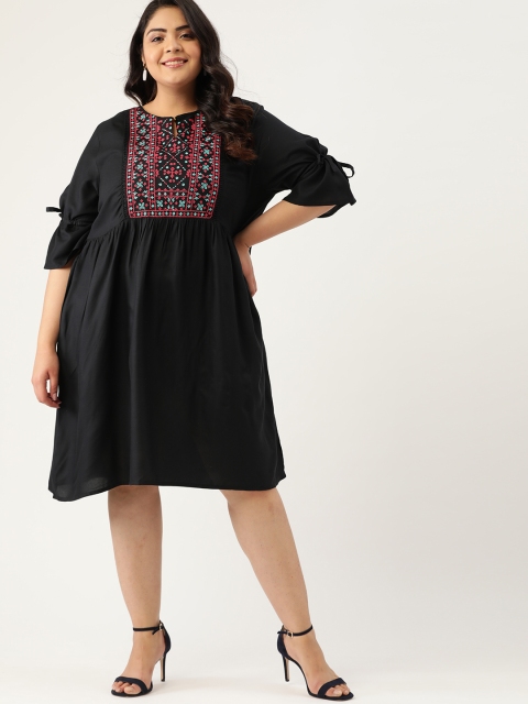 

Sztori Women Plus Size Black & Red Embroidered A-Line Dress