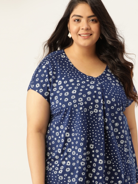 

Sztori Plus Size Navy Blue & White Floral Extended Sleeves Regular Top