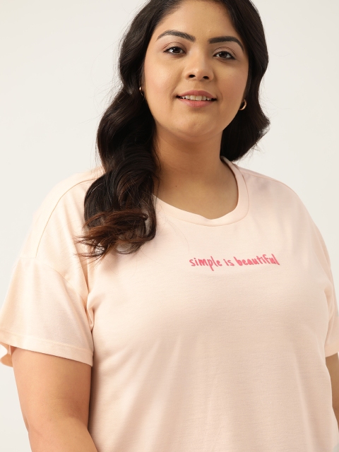 

Sztori Women Plus Size Peach-Coloured Solid Round Neck T-shirt With Applique Detail