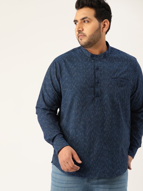 

Sztori Plus Size Men Navy Blue & White Ikkat Printed Kurta
