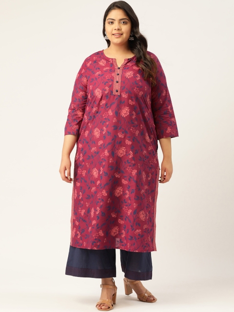 

Sztori Women Plus Size Magenta & Navy Blue Pure Cotton Printed Kurta with Palazzos